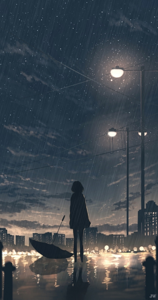 插画 小城夜雨